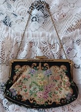 VINTAGE FLORAL PETIT POINT TAPESTRY EVENING BAG W/GOLD-TONE METAL FRAME  CHAIN