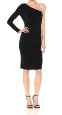 MAGGY LONDON Black One Shoulder Long Sleeve Jersey Stretch Sheath Dress 2 = XS