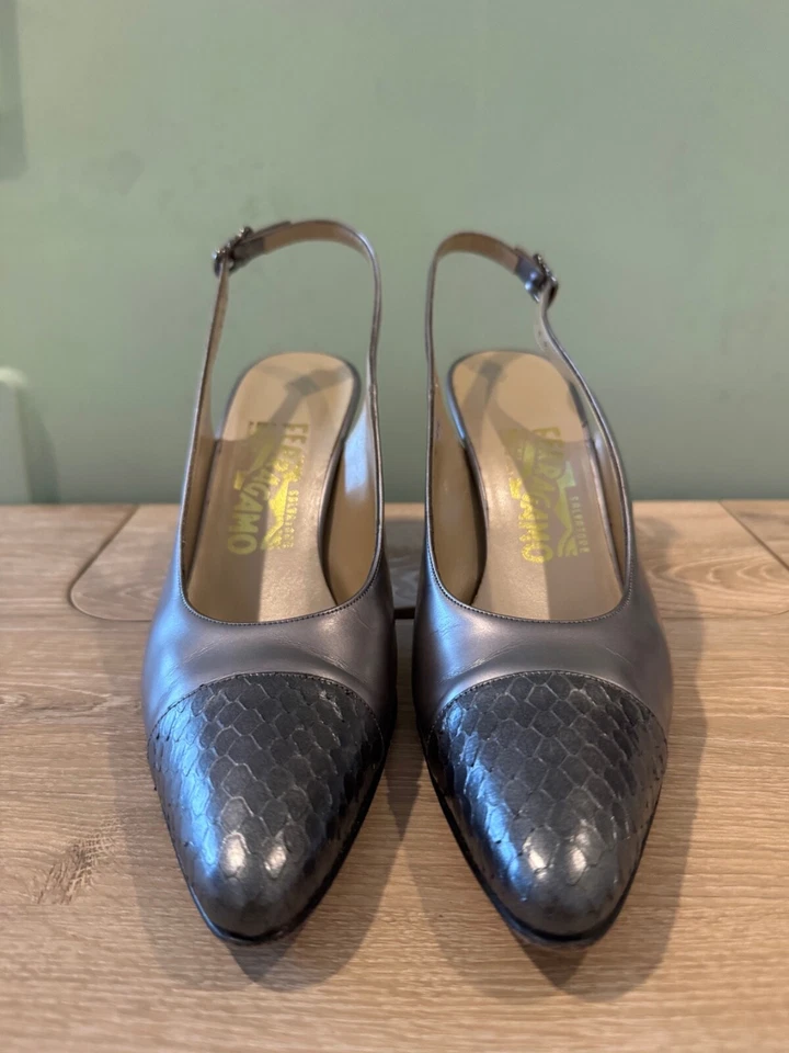 Винтажные серебристые/серые кожаные туфли на каблуке Salvatore Ferragamo размер 8 - Изображение 3 из 4