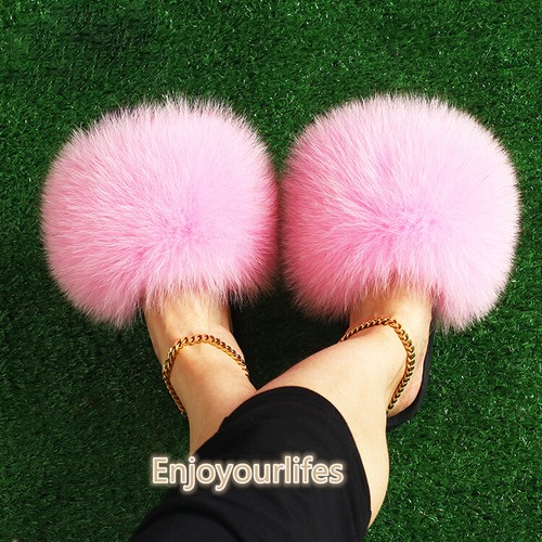 Pink Women's Real Fox Fur Slides Max Large XXL Slipper Holiday Sandals Shoes - Picture 2 of 2