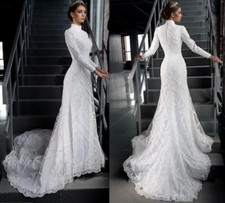 Charming Muslim Lace Mermaid Wedding Dresses High Neck Long Sleeves Beaded