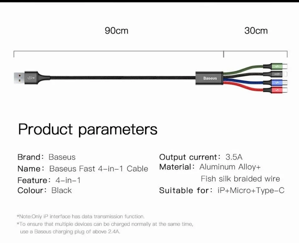 Baseus 4 in 1 Multi USB Charging Cable Fast Charger Cord For iPhone/Type C/Micro - Image 3 of 3