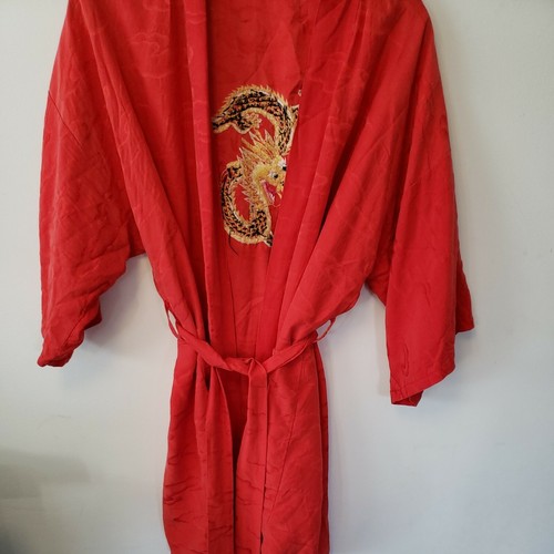 Increíble bata vintage 100 % seda LONGEVIDAD pegatina de mano dragón rojo manga corta - Imagen 6 de 8
