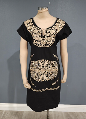 Mexican Women Black Gold Embroidered Tie Back Dress L/XL | eBay