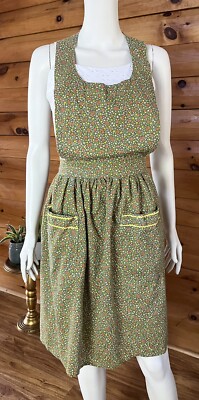 Vintage Apron Pinafore Orange Green Floral Cotton Back Tie Women s OS
