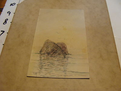 original early artwork: WATERCOLOR by W. Forster: ROCKS IN WATER, BIRDS, SHIP
