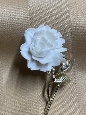 Vintage Celluloid White Rose Flower Brooch Pin Goldtone Stem & Leaf