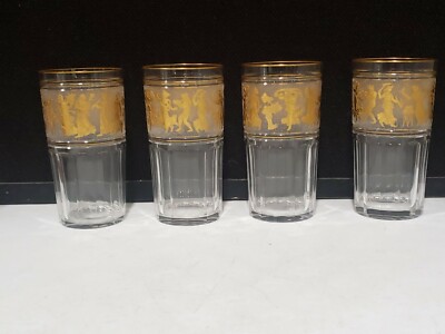 SET OF 4 - VAL ST LAMBERT GOLD DANSE DE FLORE CRYSTAL TALL WATER TUMBLER GLASSES