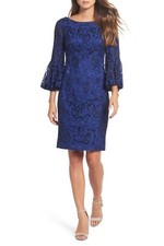 ELIZA J Cobalt Blue Corded Romantic Lace Flare Bell Sleeve Cocktail Dress 2 = XS