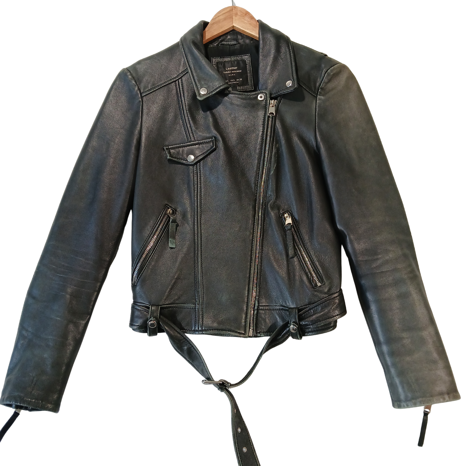 ZARA Trafaluc 100% Sheep Leather Patina Moto Biker Jacket Womens L Black Belted