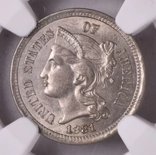 1881 Three Cent Nickel - NGC AU58