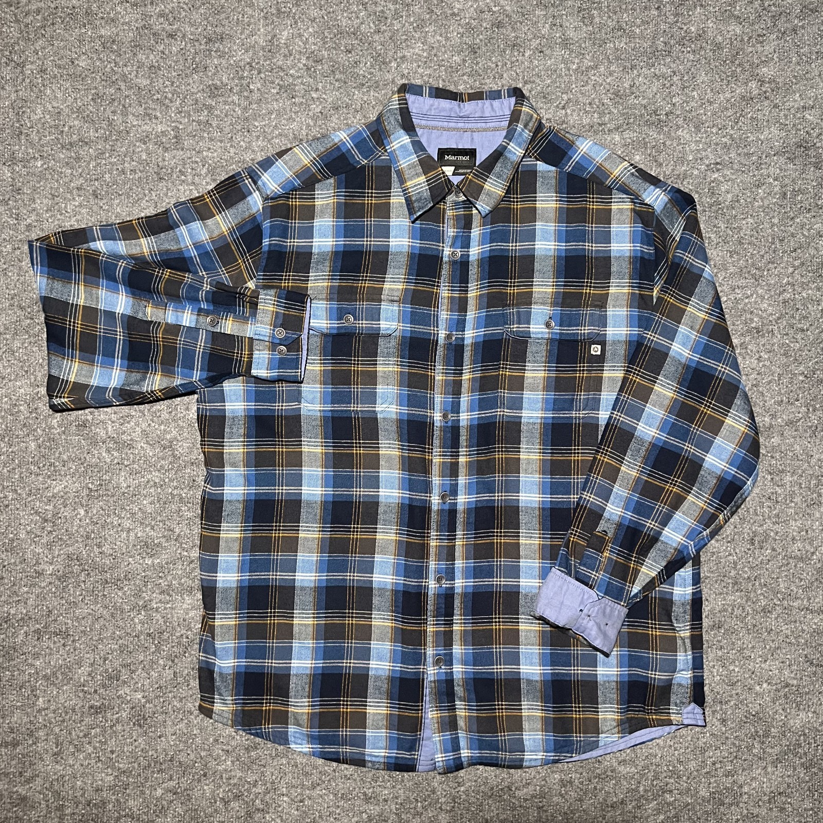 Marmot Plaid Flannel Outdoor Long Sleeve Button Up Shirt Mens 2XL Blue Gray