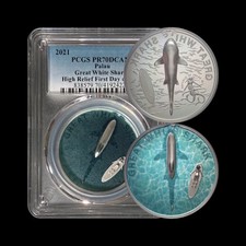 PALAU. 2021, 5 Dollars, Silver - PCGS PR70 - Top Pop 🥇 Great White Shark RARE 4