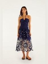 FARM Rio Navy Embroidered Halter Drop Waist  Floral Cutout Midi Dress