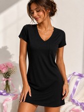 Women’s Lightweight T-shirt Little Black Dress Cotton V-Neck Breast Pocket 1XL