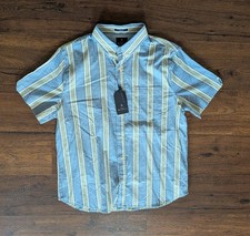 NWT Ben Sherman Button Down Short Sleeve Blue Stripped Shirt Men's L 23" pit-pit