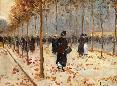 LEONIE LEBAS (c.1850-1900) SIGNED FRENCH OIL ON PANEL - FIGURES IN STREET PARIS