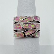 Sterling Silver Elegant Pink Created Opal Entagled Ring Size 6.25