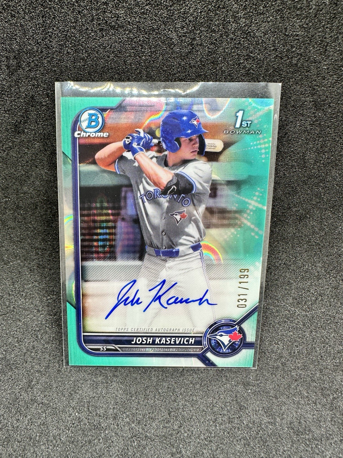 2022 Bowman Draft Josh Kasevich 1st Chrome Auto /199 Aqua Lava RC Blue Jays