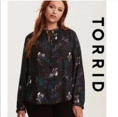 Torrid Plus Size 2XL Black Floral Long Sleeve V-Neck Blouse Top