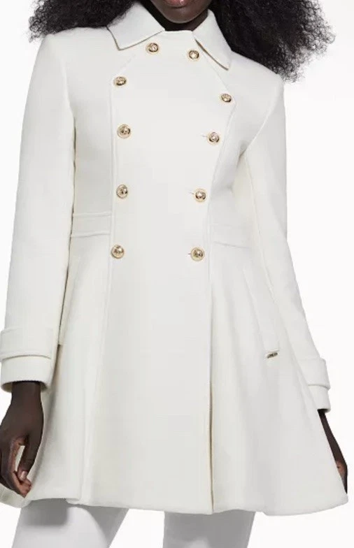 GUESS Women’s Collared Double-Breasted Peplum Pea Coat NWT Cream White