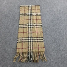 Burberry Scarf Womens One Size Tan Cashmere Check Plaid Fringe Made England