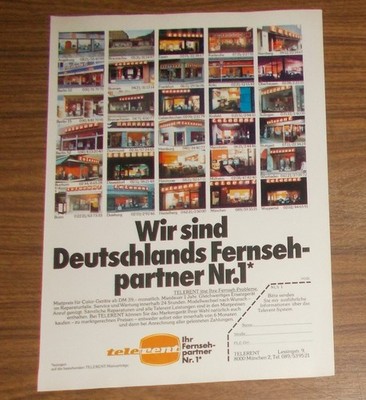 Seltene Werbung TELERENT Deutschlands Fernsehpartner Nr. 1 - Läden Stores 1977