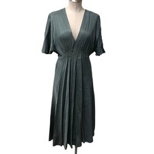 Unlined Midi Dress Womens M-L Adult Green Cupro Cotton V-Neck Pleated Flutter