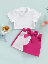 Children's Ribbed Knit Top Bow Decor Skirt Set