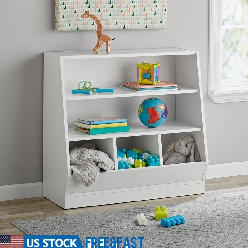 Kids Bookcase W/ 2 Shelves & Storage Bins Perfect Playroom Organization New