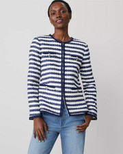 NEW ANN TAYLOR 179 BLUE WHITE STRIPED BOUCLE TWEED FITTED JACKET SZ 8P 8 PETITE