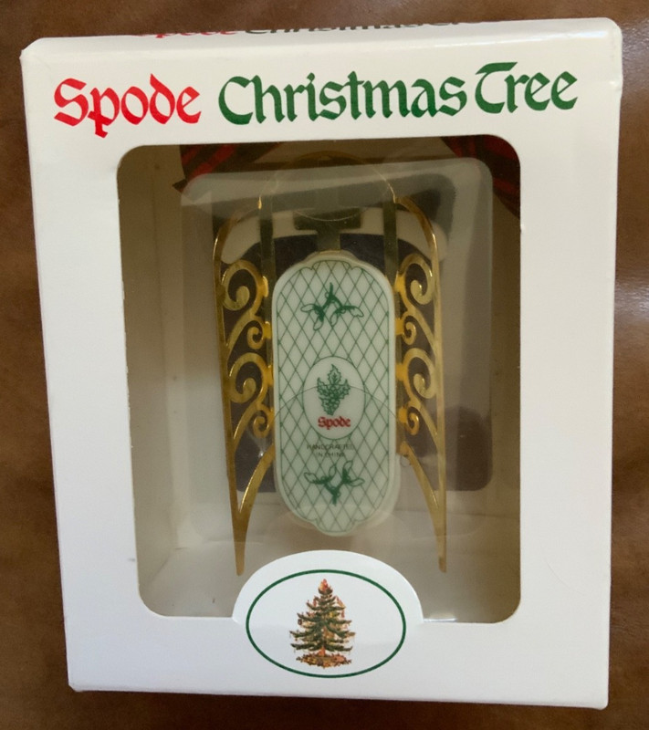 Spode Christmas Tree Sled Ornament Gold Runners Plaid Ribbon Box 