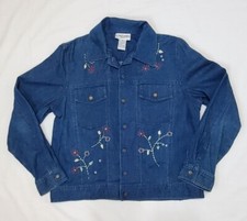 Embroidered Denim Jean Jacket Floral Print Beads Afred Dunner Petites Size 8