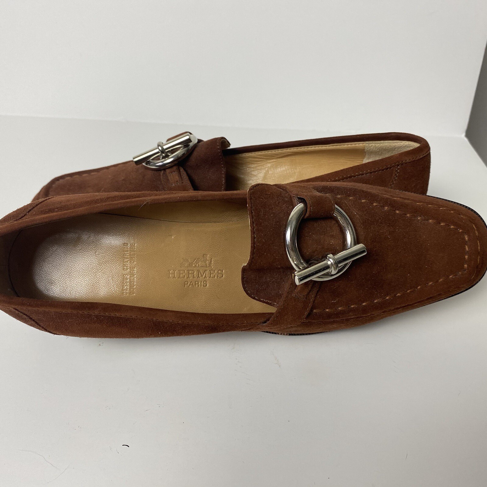 Hermes Rare Vintage Brown Chèvre Goatskin Loafers Silver Hardware EU 38 US 7 image 2