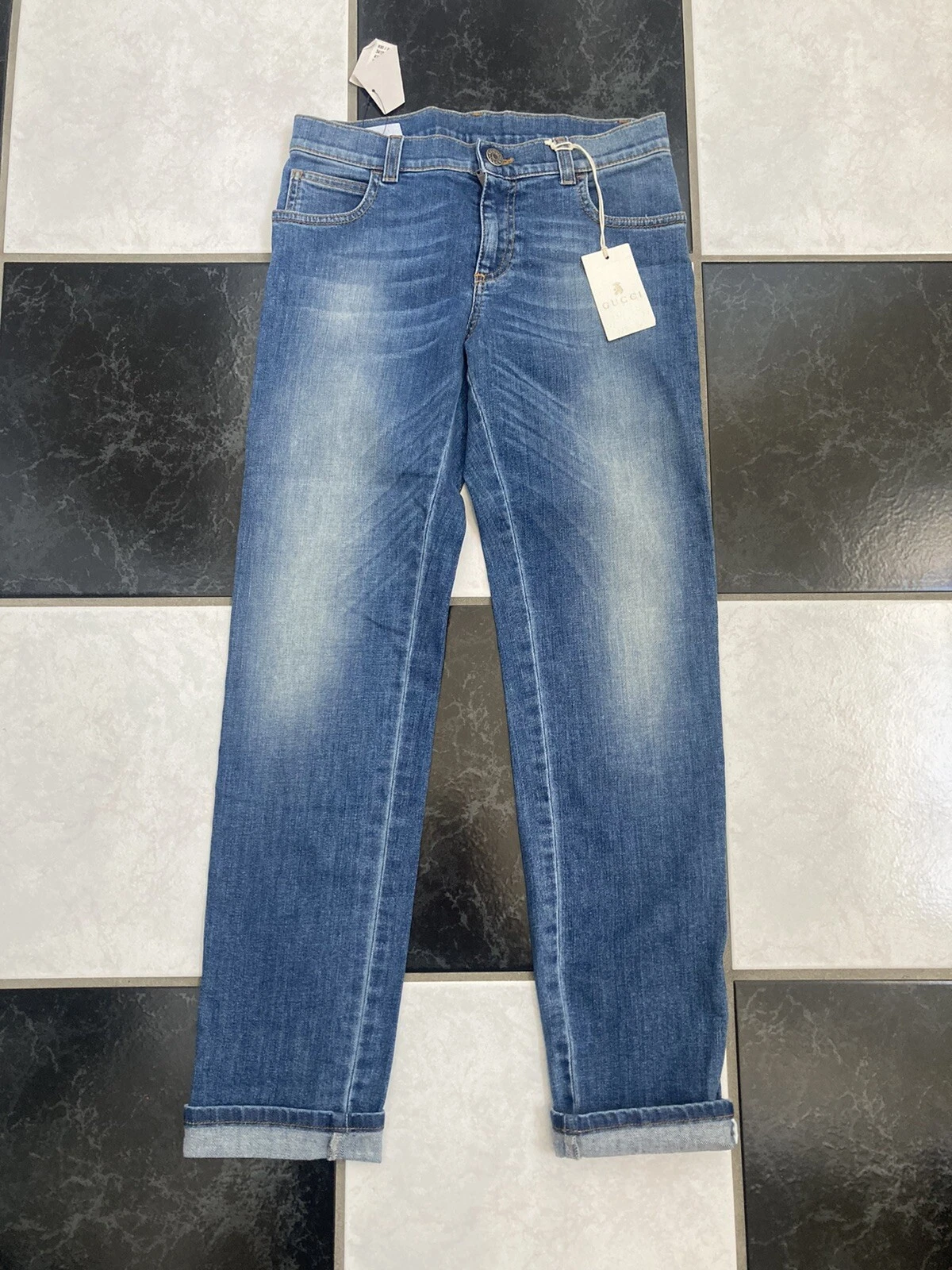 Neuf avec étiquettes pantalon en denim extensible 100 % authentique Gucci pierre lavée pour enfants détail Web taille 10
