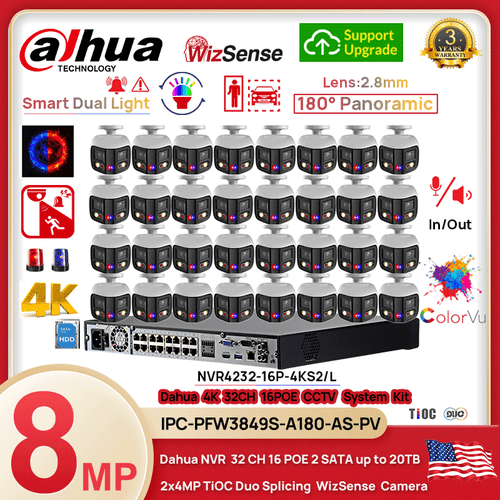 Original alhua 32CH 16POE NVR Kit IPC-PFW3849S-A180-AS-PV 2x4MP ColorVu IR Lot 