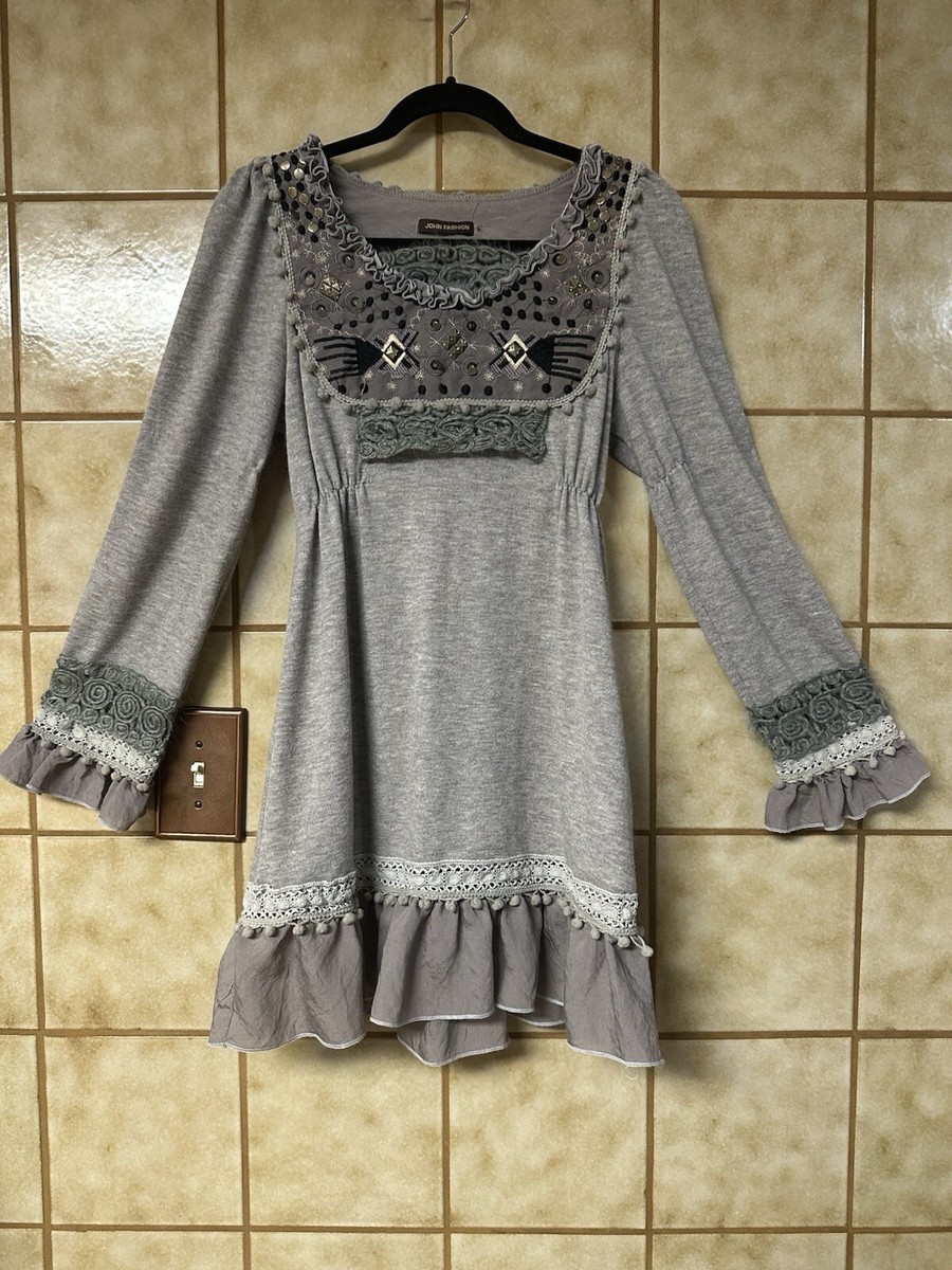 John Fashion Juniors Women's Embroidered Tunic Dress, Boho Retro, Gray Sz  Lg | eBay