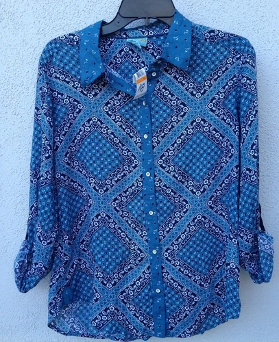 $118 NWT C&C California Brand Paisley Blue Soft Comfy Button Down Shirt Size S