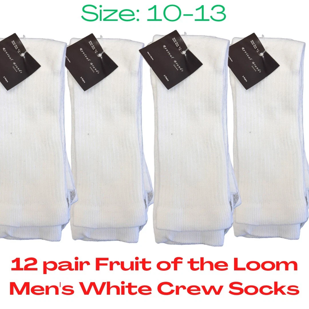 12 Pairs Fruit of the Loom Men's White Crew Socks 3 Pack Size 10-13 NEW