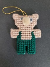 Vintage Christmas Ornament Teddy bear plastic canvas Hand Crafted Needlepoint