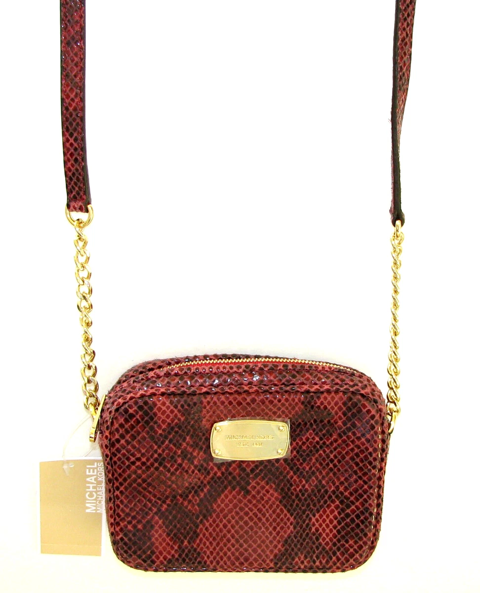 NEW MICHAEL KORS HAMILTON RED BLACK PYTHON EMBOSSED LEATHER