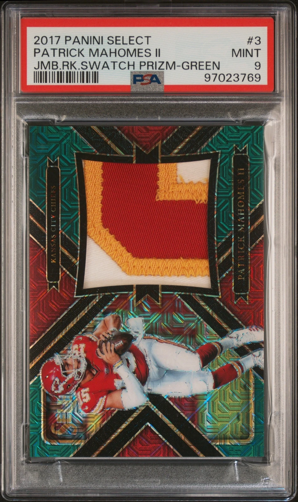 Patrick Mahomes Panini Select Jumbo Rookie Swatch Prizm #3 Green