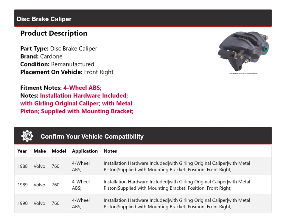 Pinza de freno de disco delantera derecha Cardone 1989 para Volvo 760 1988-1990 Foto 2 de 4