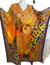 Vtg Metropolitan Orange Leopard OS House Dress Kaftan V Neck African Long Muumuu