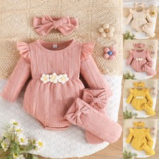 Newborn Baby Girls Floral Ruffle Romper Top Bodysuit Headband Outfit Set Clothes
