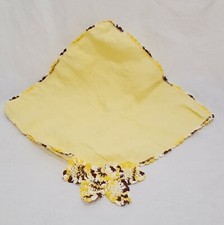 Vintage Handkerchief Butterfly Yellow Brown 11" Hand Crochet Lace Edge