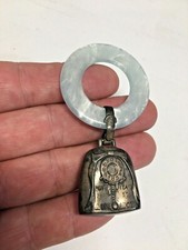 1957 WEB STERLING SILVER BELL BABY BIRTH RECORD w MOTHER OF PEARL TEETHING RING