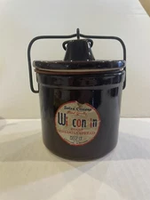 Brown Stoneware Cheese Crock with Wire Bail Lid, Wisconsin Label Sharp Cheddar
