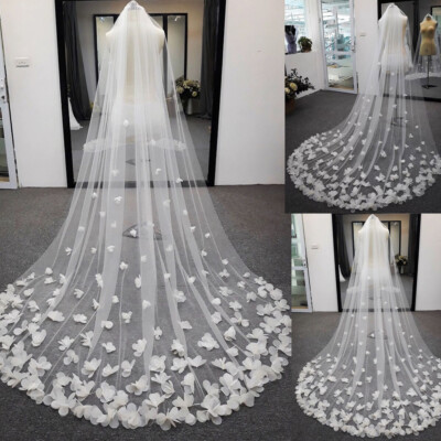White Ivory Bridal Veil Long Cathedral Wedding Veils 3D Flowers Floral Lace Veil