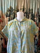 Vintage 60's Psychedelic Pattern Nightgown Green Yellow House Dress Muumuu Sm/M